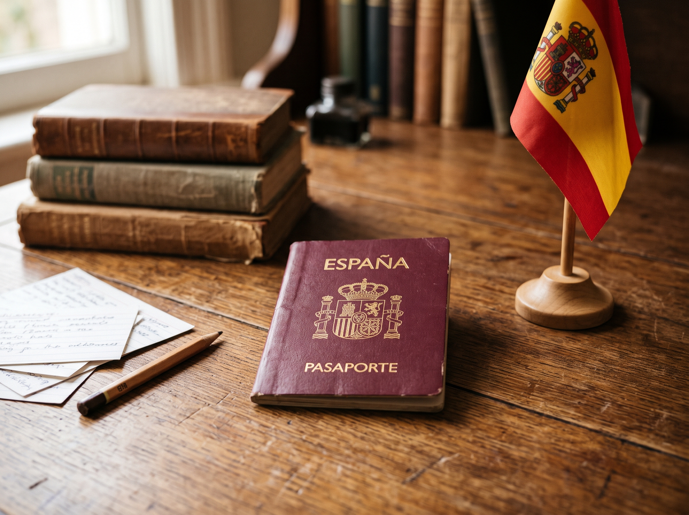 Pasaporte español sobre un escritorio de estudio