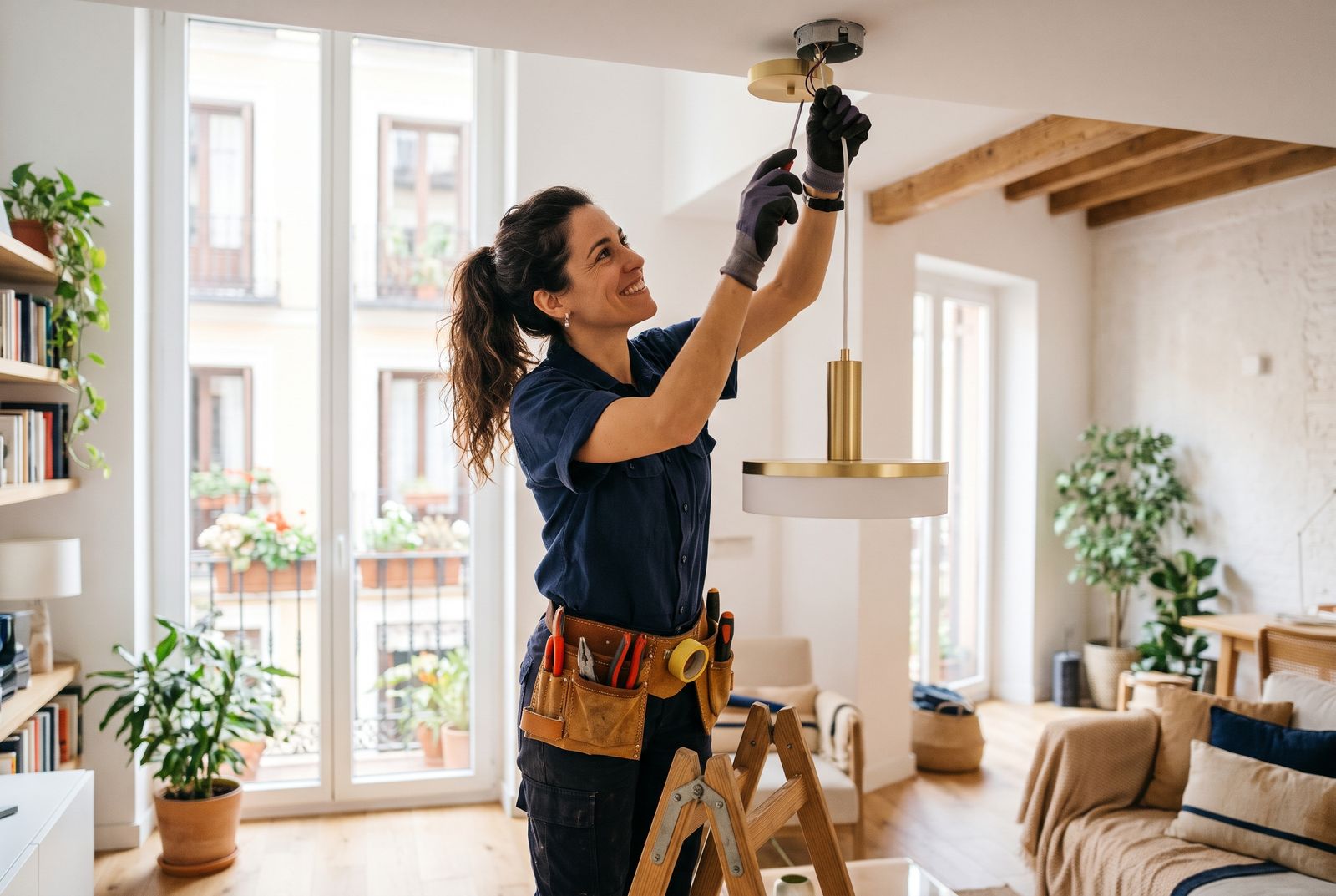 Electricista autónoma instalando una lámpara en un piso de Madrid