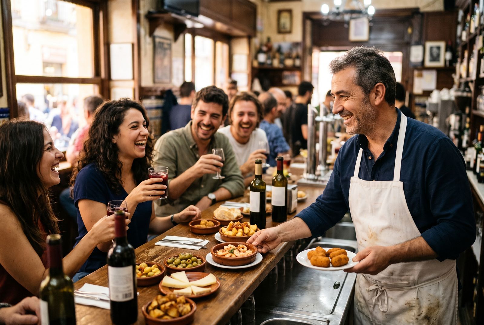 Dueño de un bar de tapas sirviendo a sus clientes