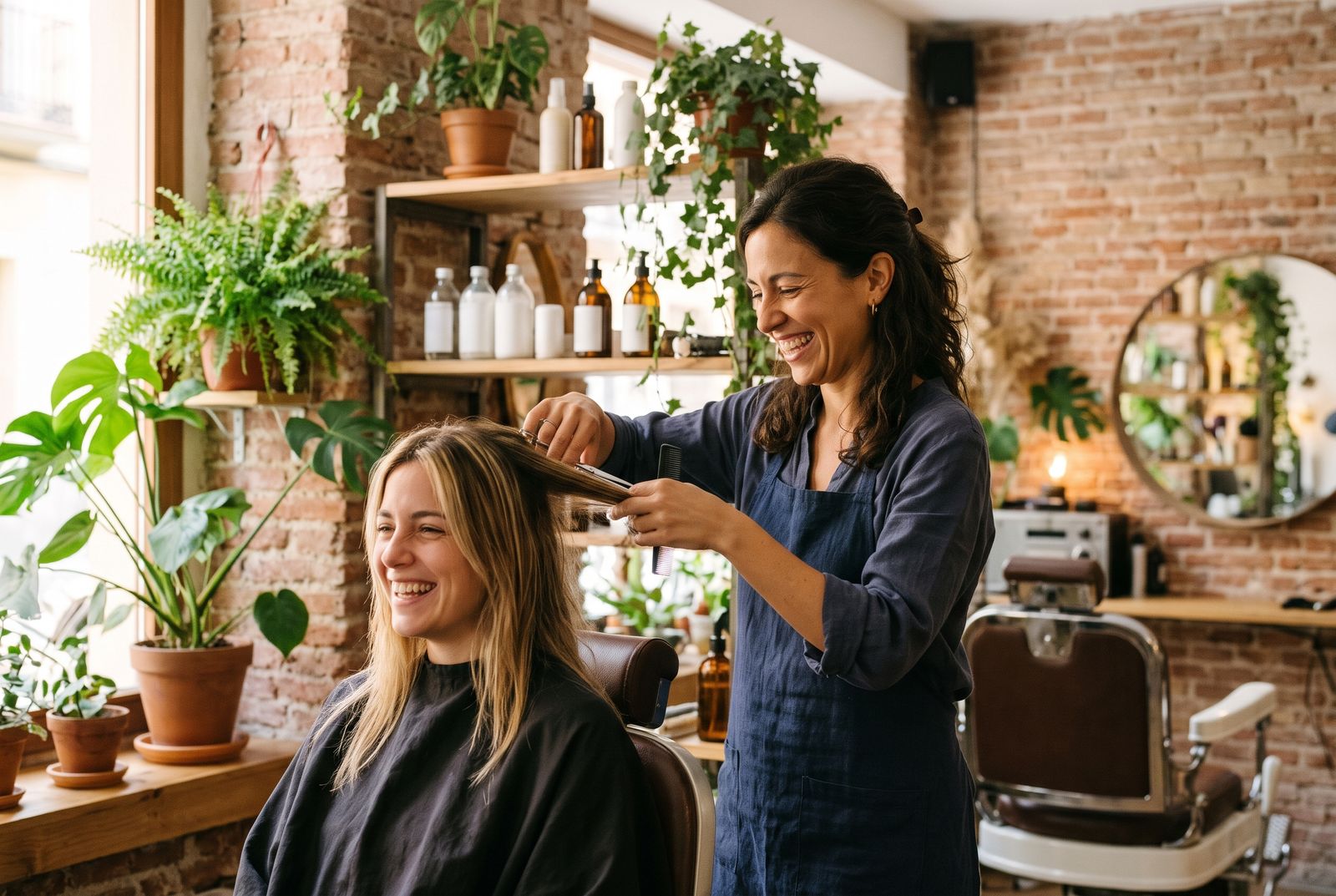 Peluquera cortando el pelo a una clienta en su salón