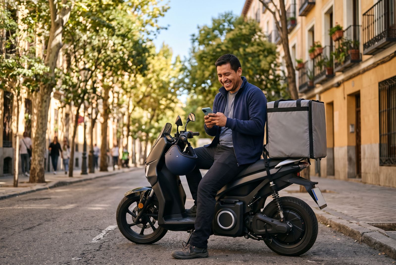 Repartidor autónomo sonriendo en su moto por una calle de Madrid