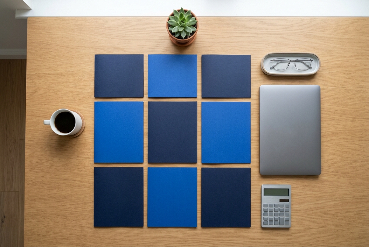 Escritorio ordenado con carpetas azules